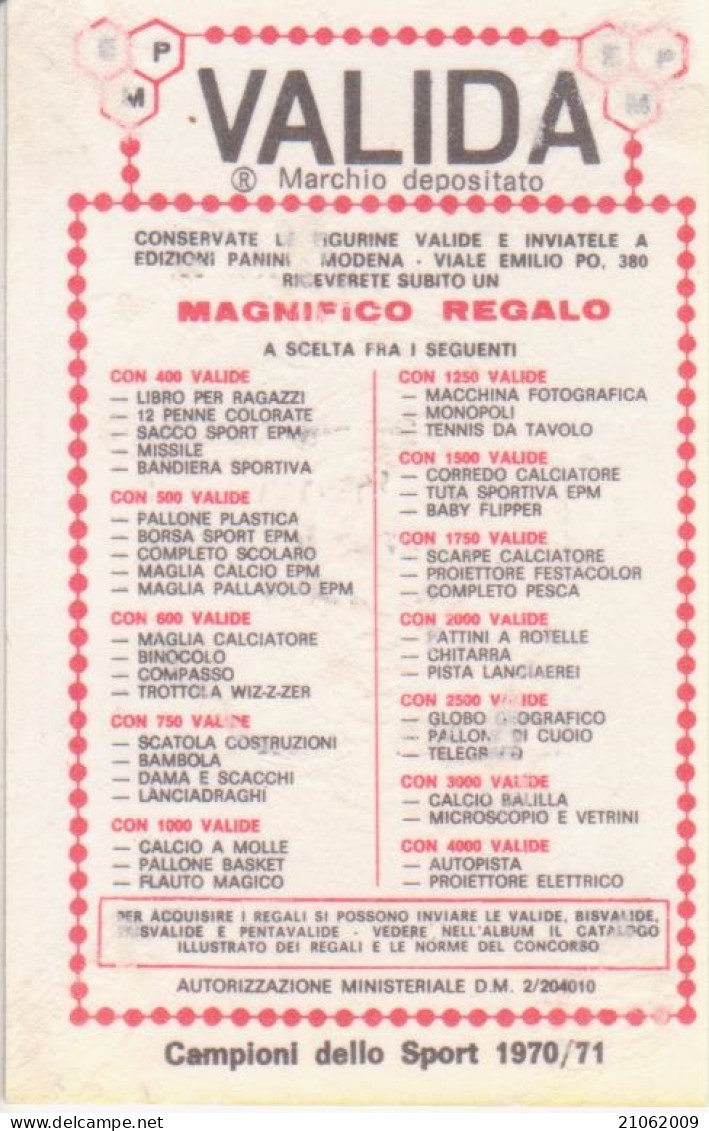 115 LUIGI SGARBOZZA - CICLISMO - VALIDA - CAMPIONI DELLO SPORT PANINI 1970-71 - Cyclisme