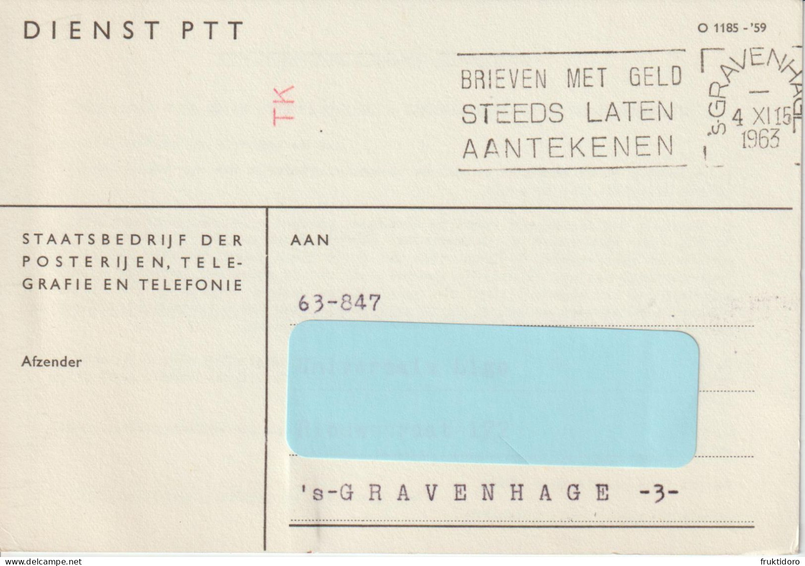 The Netherlands Flamme Postale - Postmark - Poststempel Brieven Met Geld Steeds Laten Aantekenen - 1963 - Machines à Affranchir (EMA)