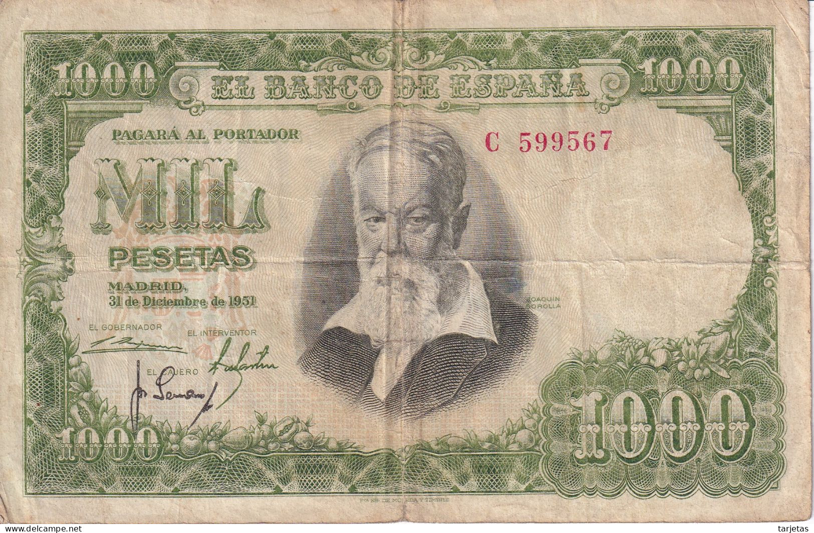 BILLETE DE ESPAÑA DE 1000 PTAS DEL 31/12/1951 SERIE  C (BANKNOTE) SOROLLA - 1000 Pesetas