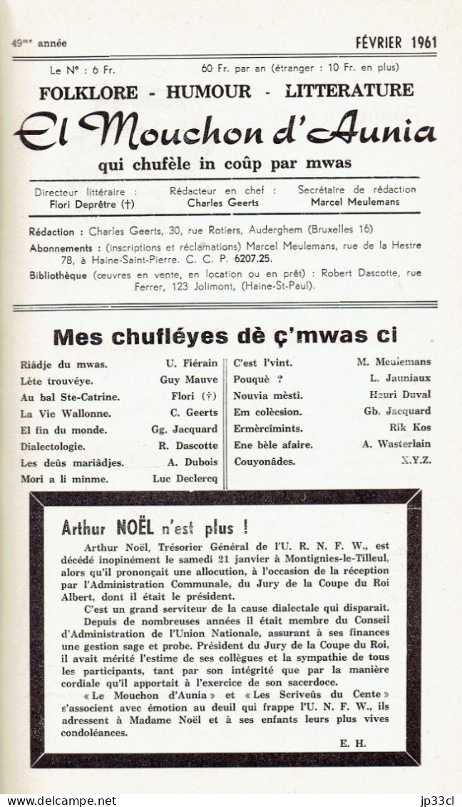 El Mouchon D'Aunia Année 1961 M. Meulemans R. Dascotte U. Fiérain A. Dubois H. Duval L. Declercq J. Godart L. Jauniaux - Altri & Non Classificati