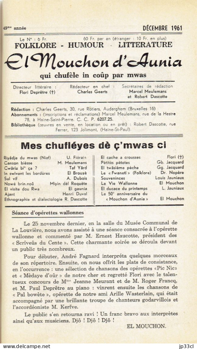 El Mouchon d'Aunia année 1961 M. Meulemans R. Dascotte U. Fiérain A. Dubois H. Duval L. Declercq J. Godart L. Jauniaux