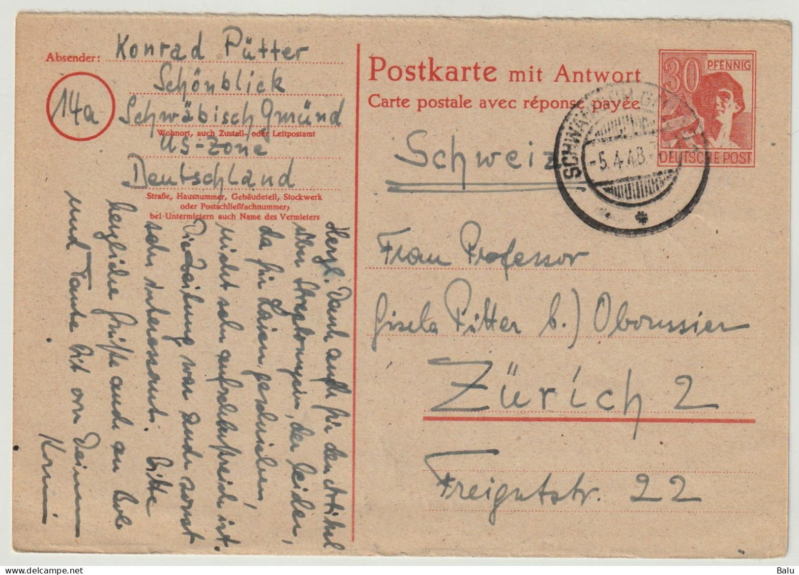 Alliierte Gemeinschaftsausgaben Ganzsache Michel GA-P964F Gestempelt 30Pfg. Frageteil, 3 Scans, Schwäbisch Gmünd 5.4.48 - Postal  Stationery