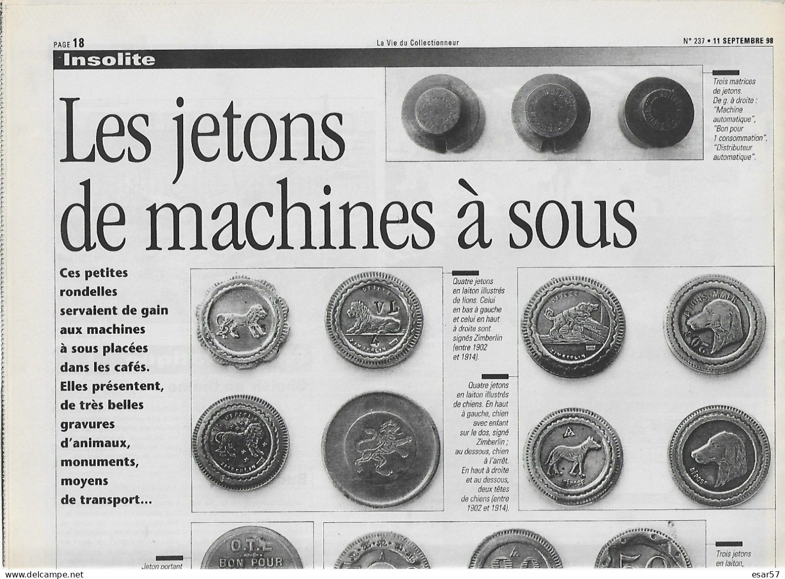 Les Jetons De Machines à Sous  Article Extrait De La Vie Du Collectionneur - Francese