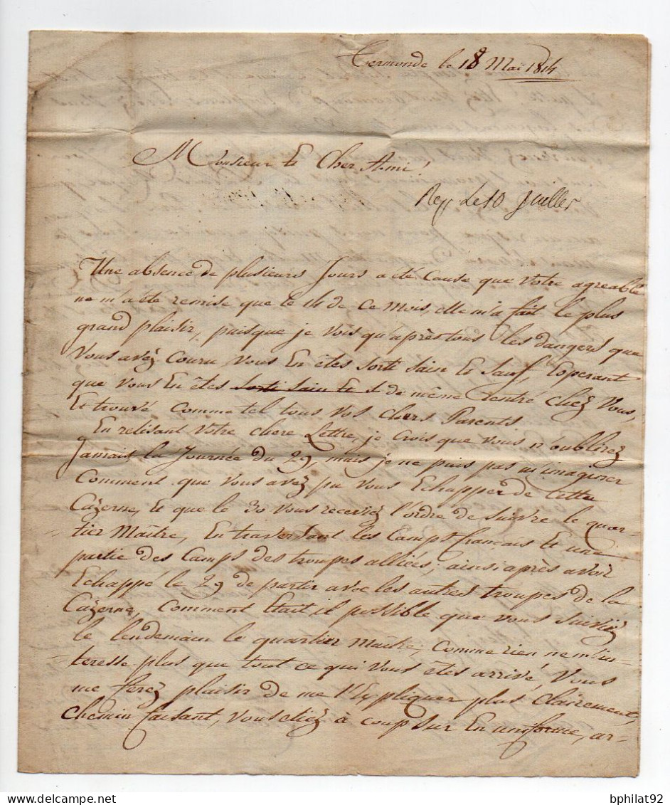 !!! UTILISATION TARDIVE (18/5/1814) DE LA MARQUE FRANCAISE 92 TERMONDE SUR LETTRE POUR BOURG DE PEAGE - 1814-1815 (Governo Generale Del Belgio)