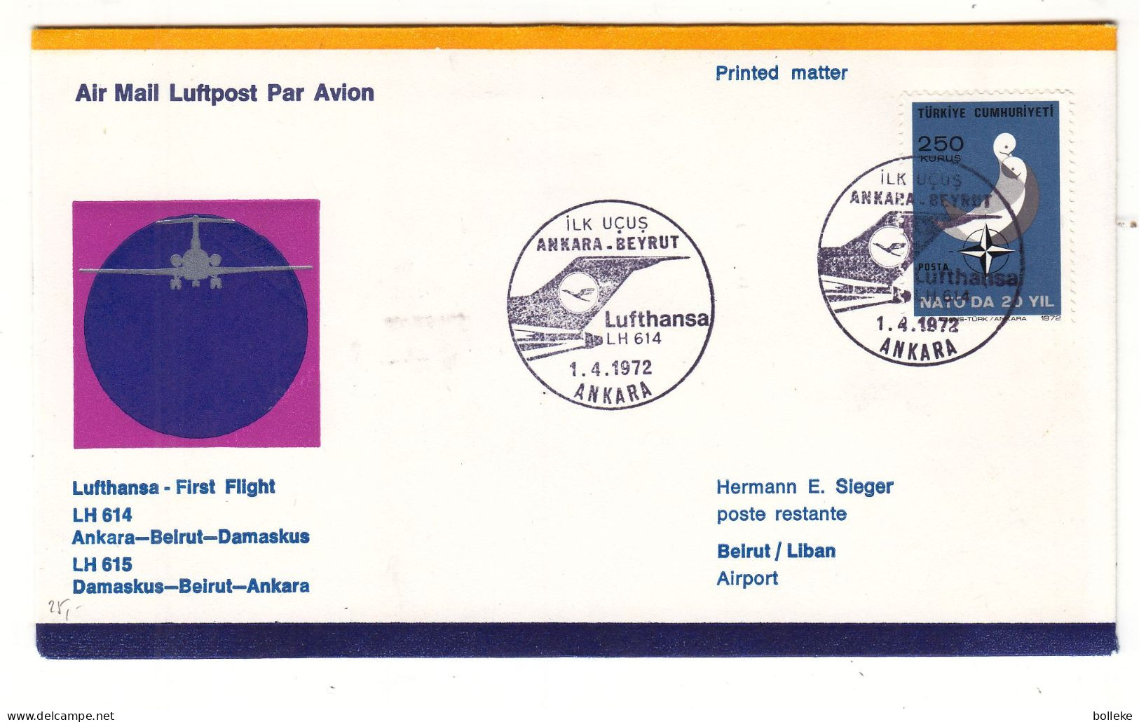 Turquie - Lettre De 1972 - Oblit Ankara - 1er Vol Lufthansa Ankara Beyrut - - Brieven En Documenten