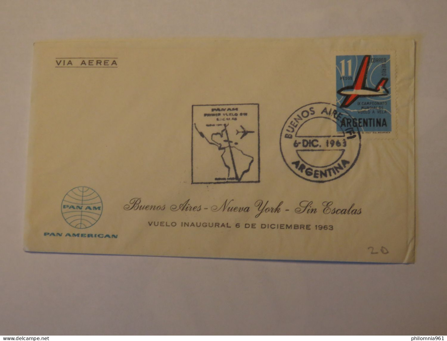 ARGENTINA  PAN AM FIRST FLIGHT COVER BUENOS AIRES - NEW YORK - LIN ESCALAS 1963 - Gebruikt