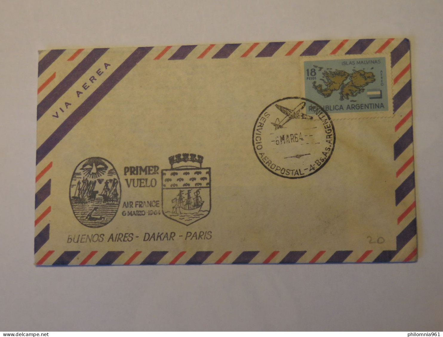 ARGENTINA  PRIMER VUELO FIRST FLIGHT COVER BUENOS AIRES - DAKAR - PARIS 1964 - Gebraucht