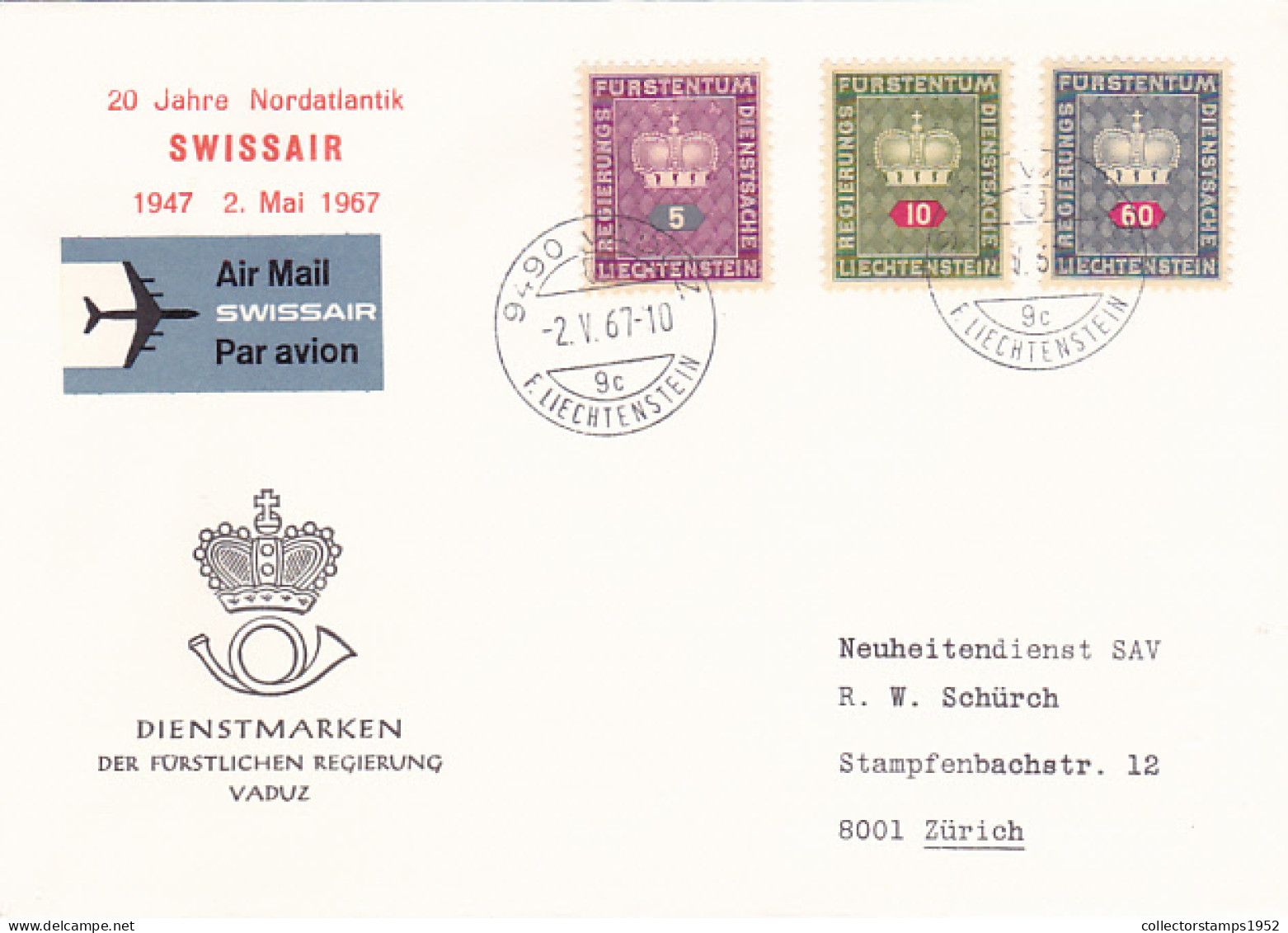 ROYAL CROWN, AIRMAIL- SWISSAIR, SPECIAL COVER, 1967, LIECHETNSTEIN - Storia Postale