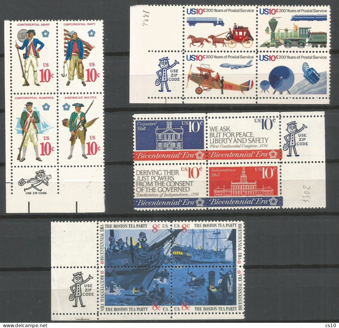 USA #4 Blocks4 MNH ** Boston Tea Party, Bicentennial Military Services Postal Services Continental Congress With ZIP Tab - Tiras Cómicas & Múltiples