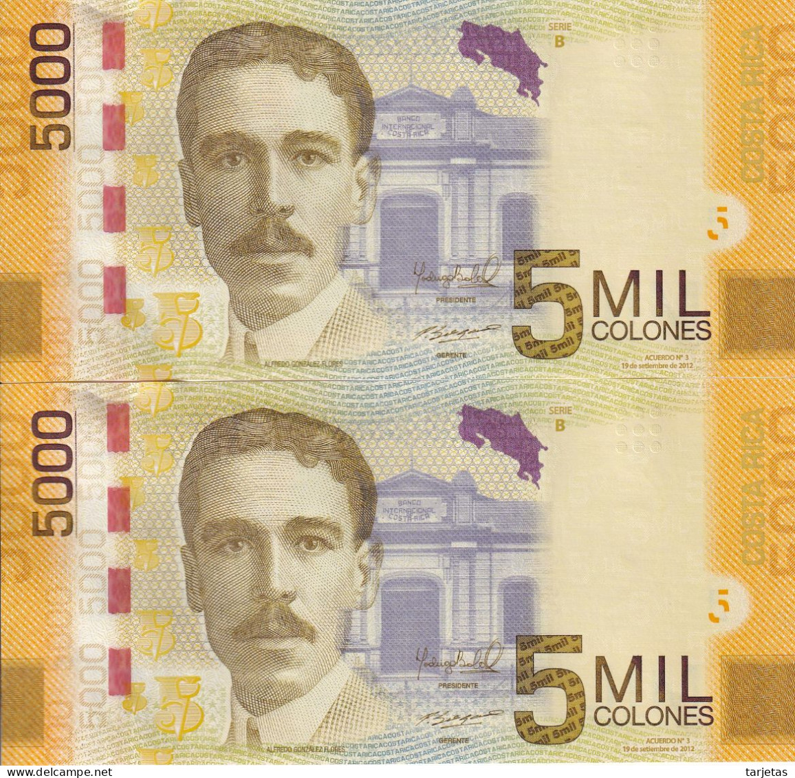 PAREJA CORRELATIVA DE COSTA RICA DE 5000 COLONES DEL AÑO 2012 SIN CIRCULAR (UNC) (MONO-MONKEY)  (BANKNOTE) - Costa Rica