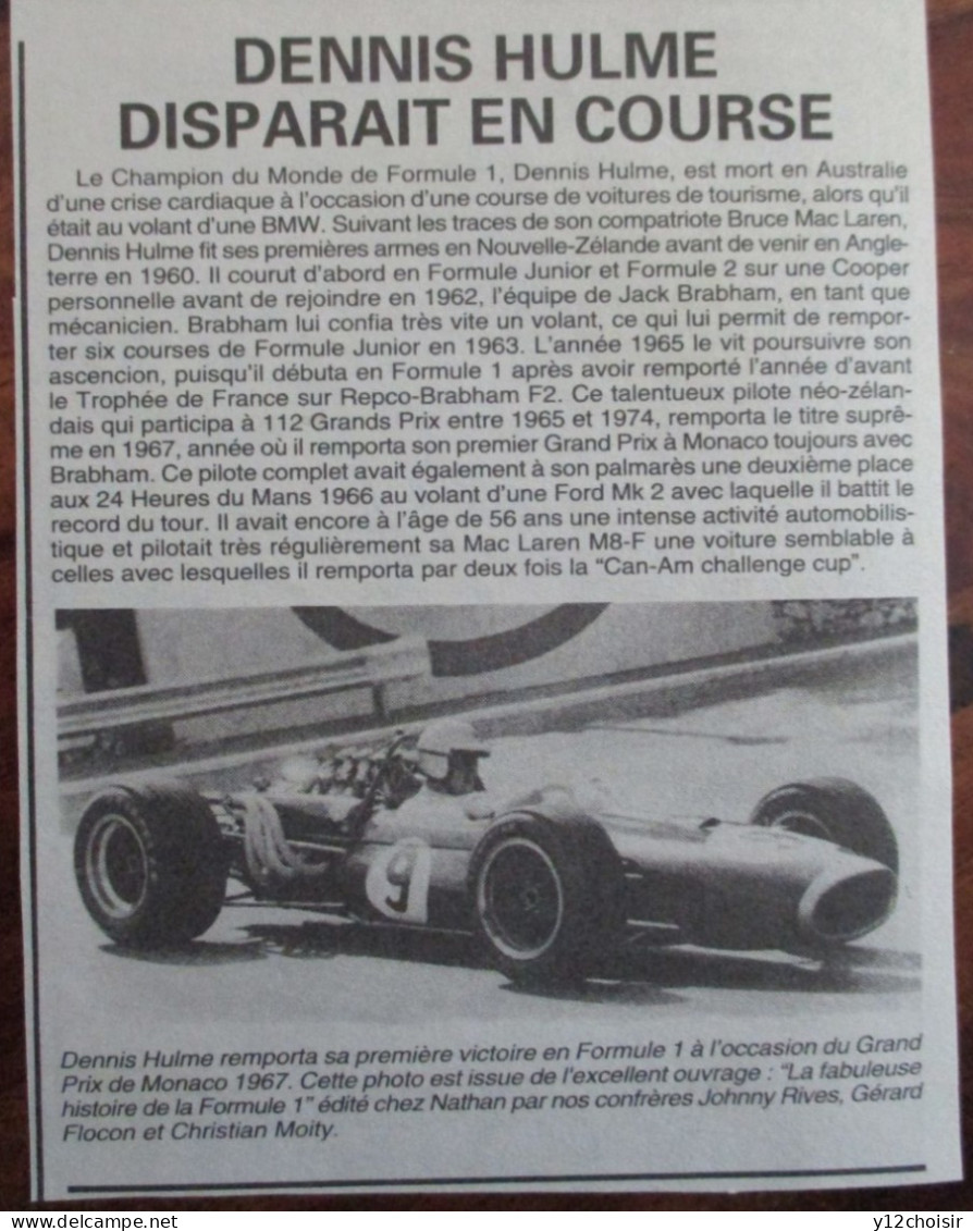 ARTICLE DECES CHAMPION DU MONDE DE FORMULE 1 DENNIS HULME DISPARAIT EN COURSE EN AUSTRALIE - Automobile - F1