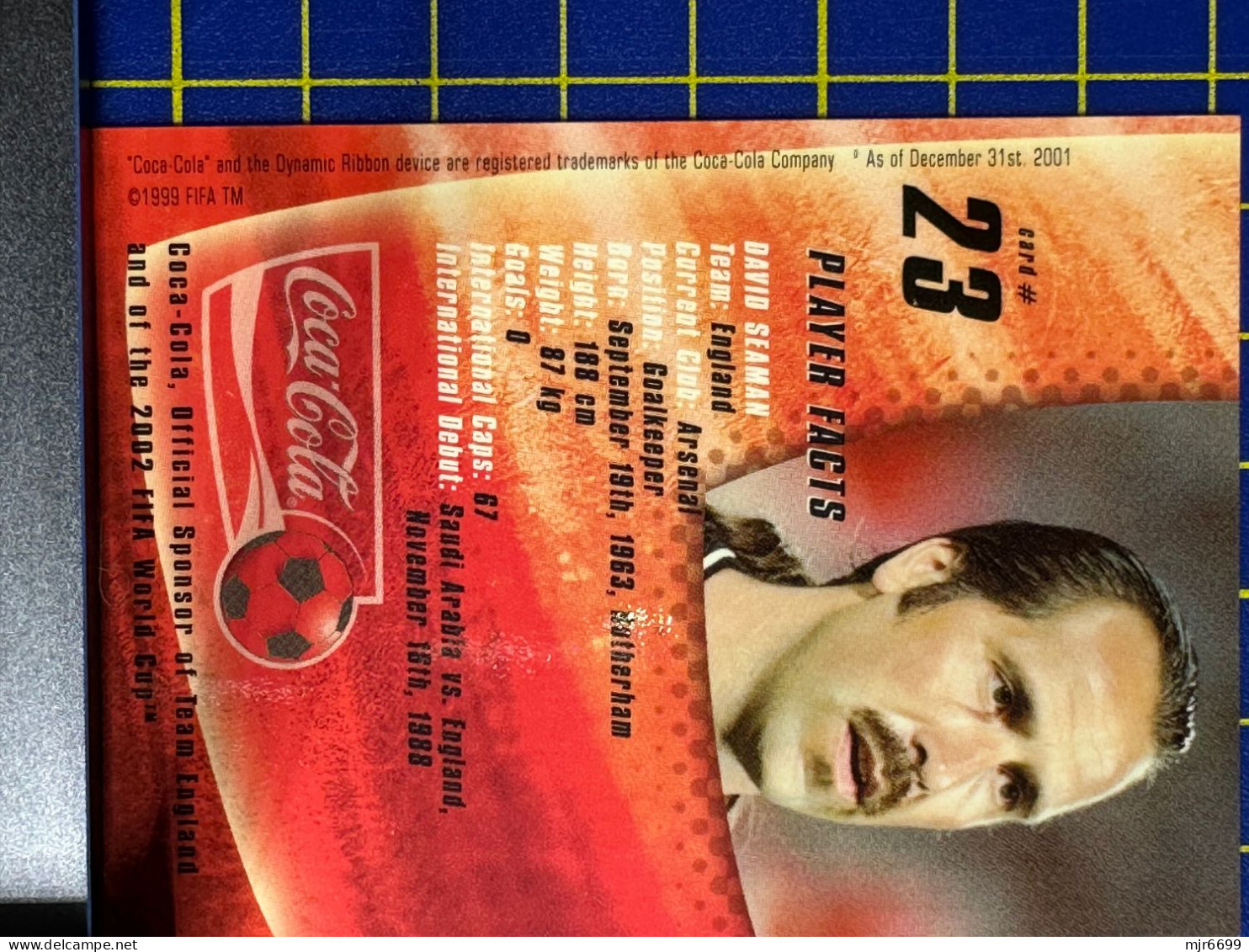 COCACOLA FIFA 2002 WOLRD CUP FOOTBALL CARDS - DAVID SEAMAN, ALMOST PERFECT CONDITION. ORIGINAL - Sonstige & Ohne Zuordnung