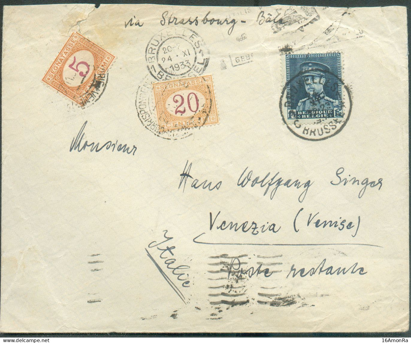 1Fr.75 KEPI Obl. Sc BRUXELLES 1 Sur Lettre Du 24-XI-1933 (cachet Sc + Mécanique !!) Vers Venise (Italie) 'Via Strasbourg - 1931-1934 Chepi