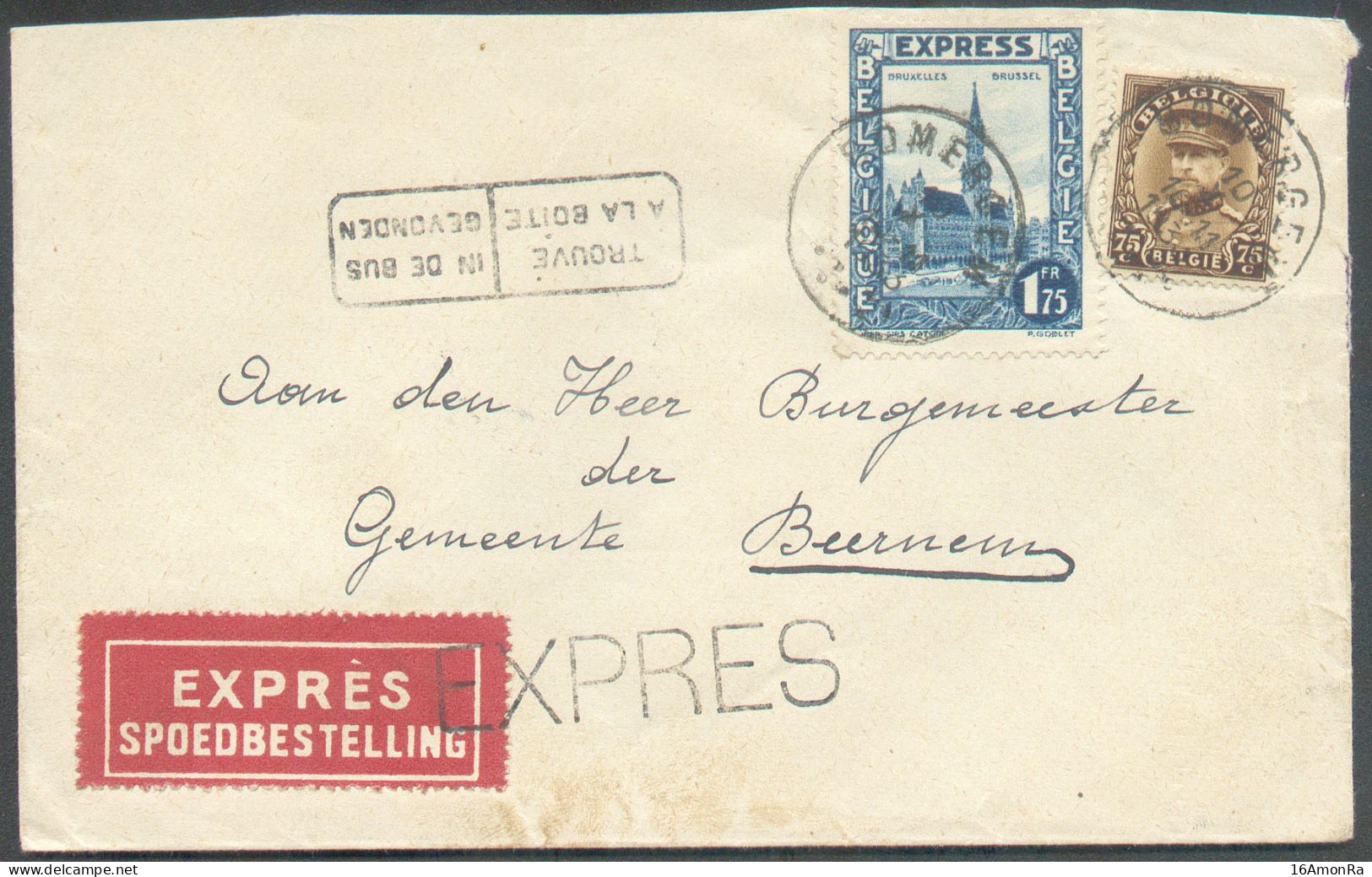 75 Centimes Albert KEPI + 1Fr.75 EXPRES Obl. Sc SOMERGEM Sur Enveloppe En EXPRES (griffe + Etiquette) Le 10-X-1933 Vers - 1931-1934 Mütze (Képi)