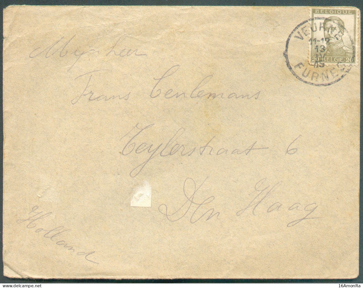 N°124 - 20 Centimes PELLENS Obl. Sc VEURNE FURNES Sur Lettre Du 13-IV-1915 Vers Den Haag (Pays-Bas) - 20958 - Zona Non Occupata