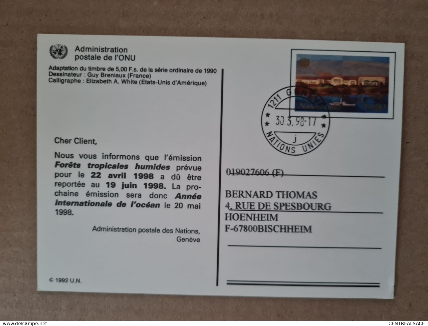 ADMINISTRATION ONU NATIONS UNIES GENEVE CARTE ENTIER 1998 - Brieven En Documenten