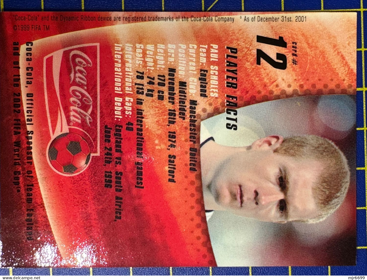 COCACOLA FIFA 2002 WOLRD CUP FOOTBALL CARDS - PAUL SCHOLES, ALMOST PERFECT CONDITION. ORIGINAL - Sonstige & Ohne Zuordnung