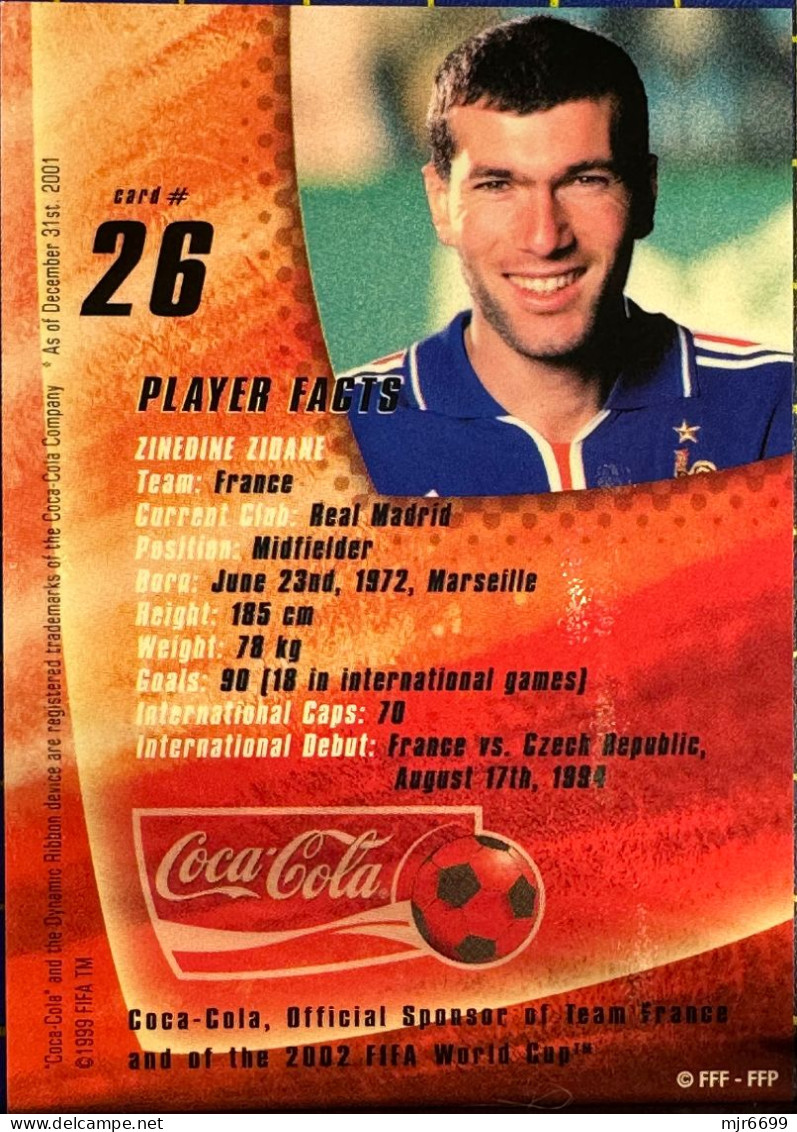 COCACOLA FIFA 2002 WOLRD CUP FOOTBALL CARDS -ZINEDINE ZIDANE, ALMOST PERFECT CONDITION. ORIGINAL - Autres & Non Classés