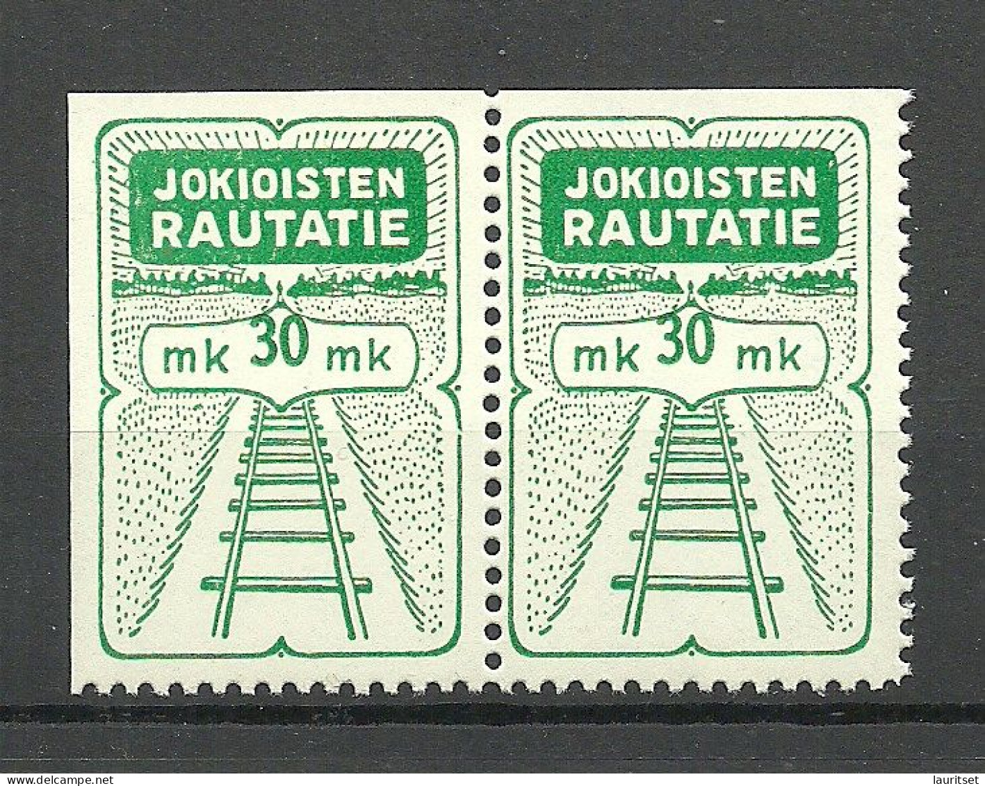 FINLAND FINNLAND 1950 JOKIOISTEN Railway Packet Stamp 30 MK Pair From Sheet Corner MNH - Paquetes Postales