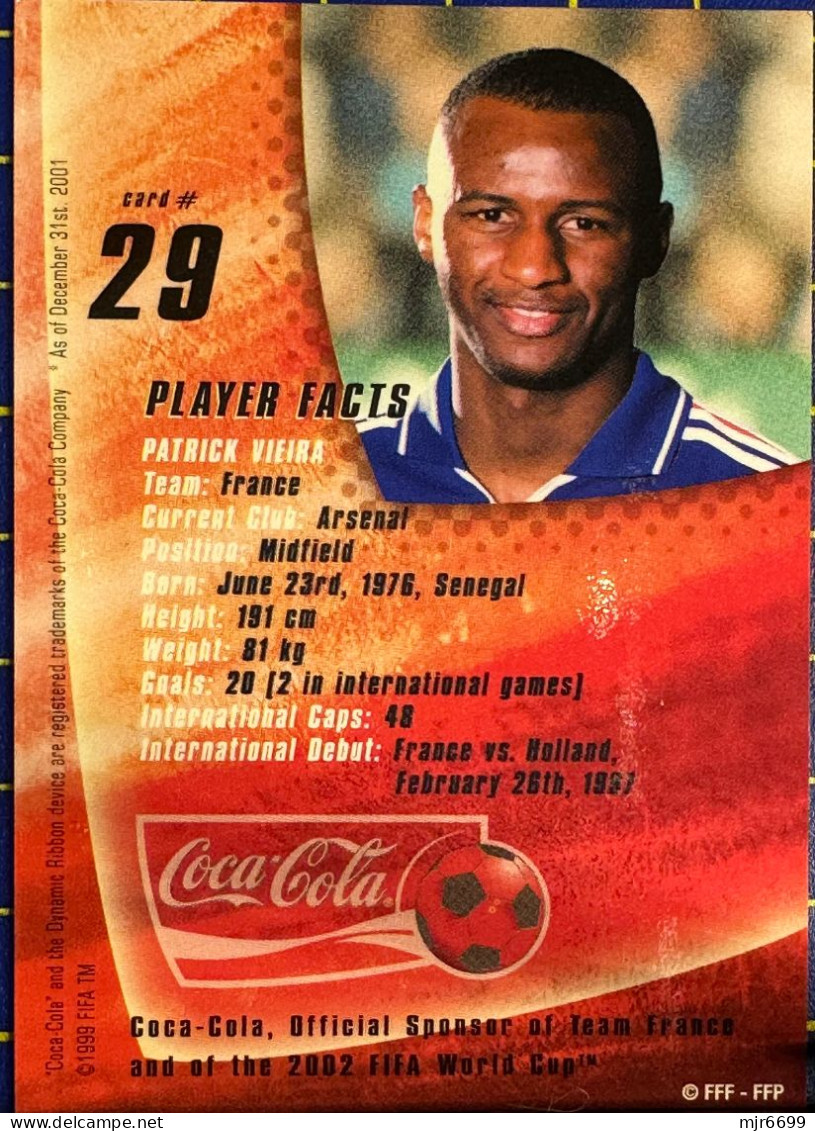 COCACOLA FIFA 2002 WOLRD CUP FOOTBALL CARDS -PATRICK VIEIRA, ALMOST PERFECT CONDITION. ORIGINAL - Other & Unclassified