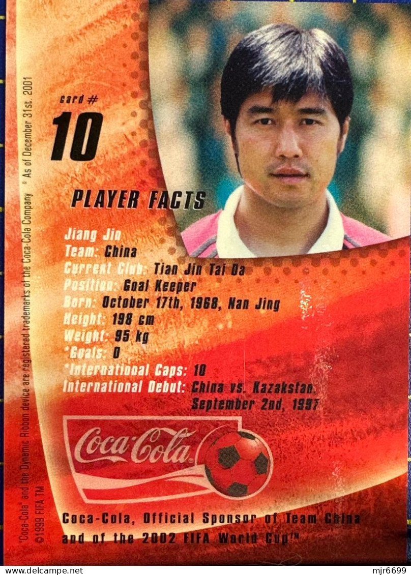 COCACOLA FIFA 2002 WOLRD CUP FOOTBALL CARDS OF CHINESE TEAM- JIANG JIN, ALMOST PERFECT CONDITION. ORIGINAL - Sonstige & Ohne Zuordnung