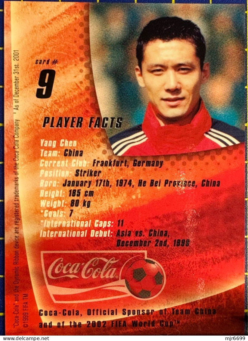 COCACOLA FIFA 2002 WOLRD CUP FOOTBALL CARDS OF CHINESE TEAM- YANG CHEN, ALMOST PERFECT CONDITION. ORIGINAL - Sonstige & Ohne Zuordnung