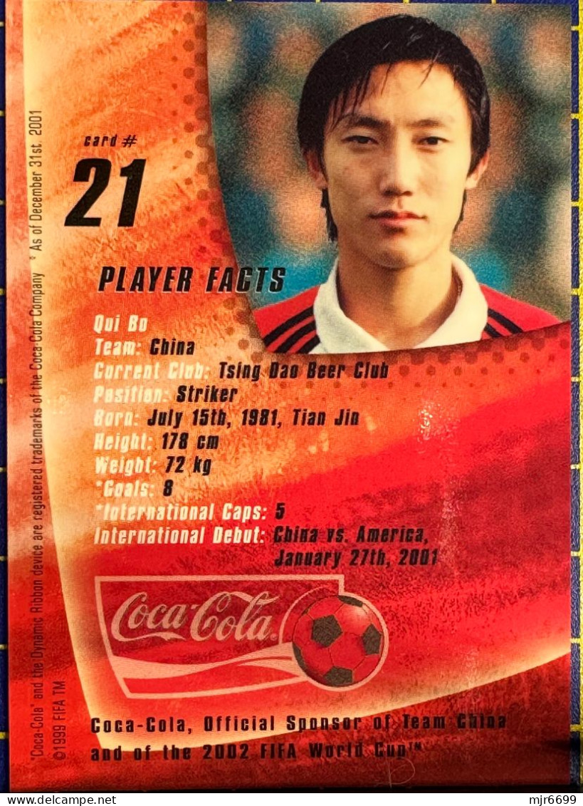 COCACOLA FIFA 2002 WOLRD CUP FOOTBALL CARDS OF CHINESE TEAM- QUI BO, ALMOST PERFECT CONDITION. ORIGINAL - Andere & Zonder Classificatie