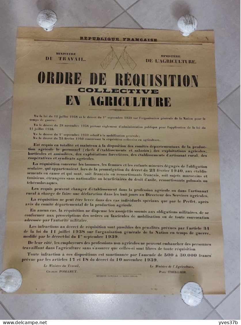 Affiche "ORDRE De REQUISITION En AGRICULTURE"- 1940 - 50x65 - TTB - Plakate