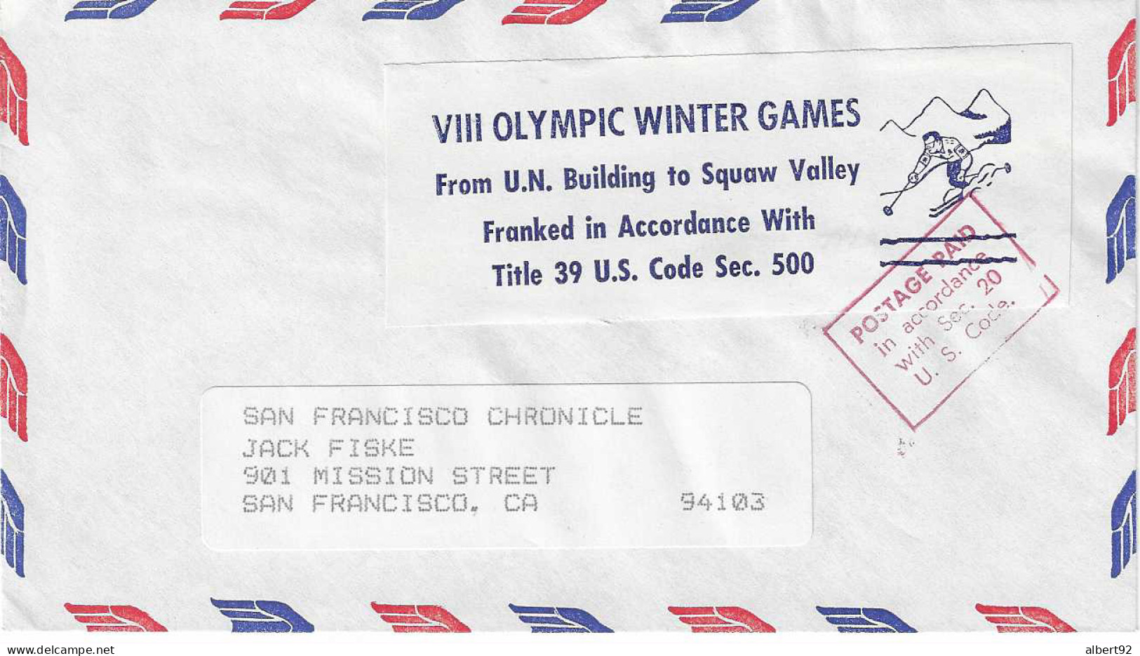 1960 Jeux Olympiques D'Hiver De Squaw Valley : Envoi En Franchise Du Comité D'Organisation - Inverno1960: Squaw Valley