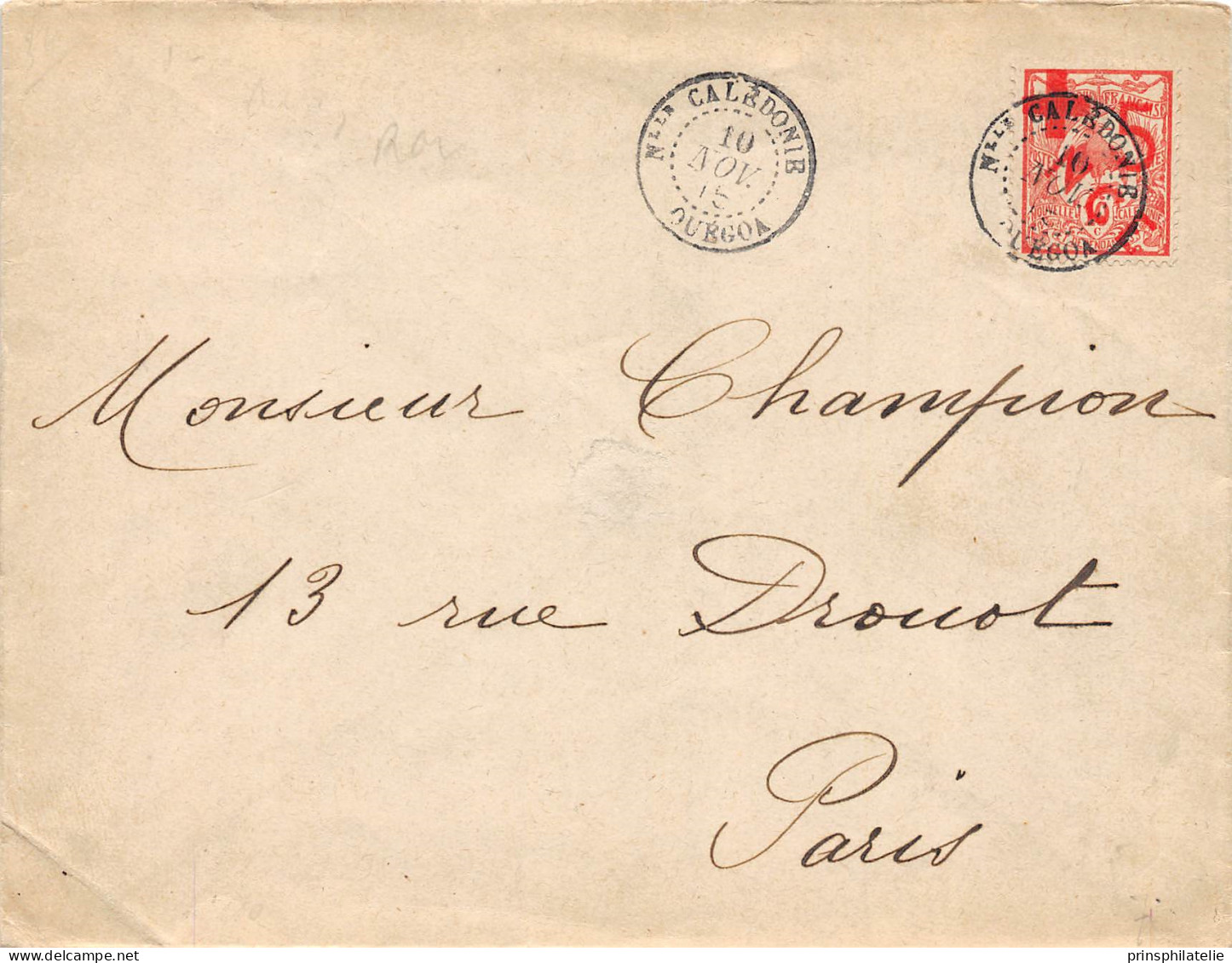 CAGOU SURCHARGE CROIX ROUGE SUR LETTRE DE OUEGOA 1915  NOUVELLE CALEDONIE => FRANCE COVER  - Cartas & Documentos