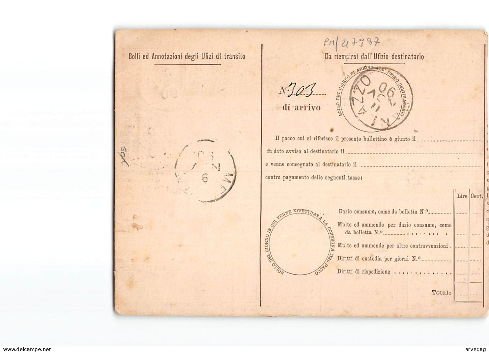 AG2213  BULLETTINO DI SPEDIZIONE PACCO POPSTALE NOVARA X RANDAZZO- 1890 - Postal Parcels