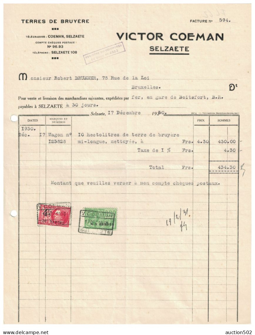 Facture 1930 Selzaete ( Zelzate) Victor Coeman Terres De Bruyères   TP Fiscaux - Petits Métiers