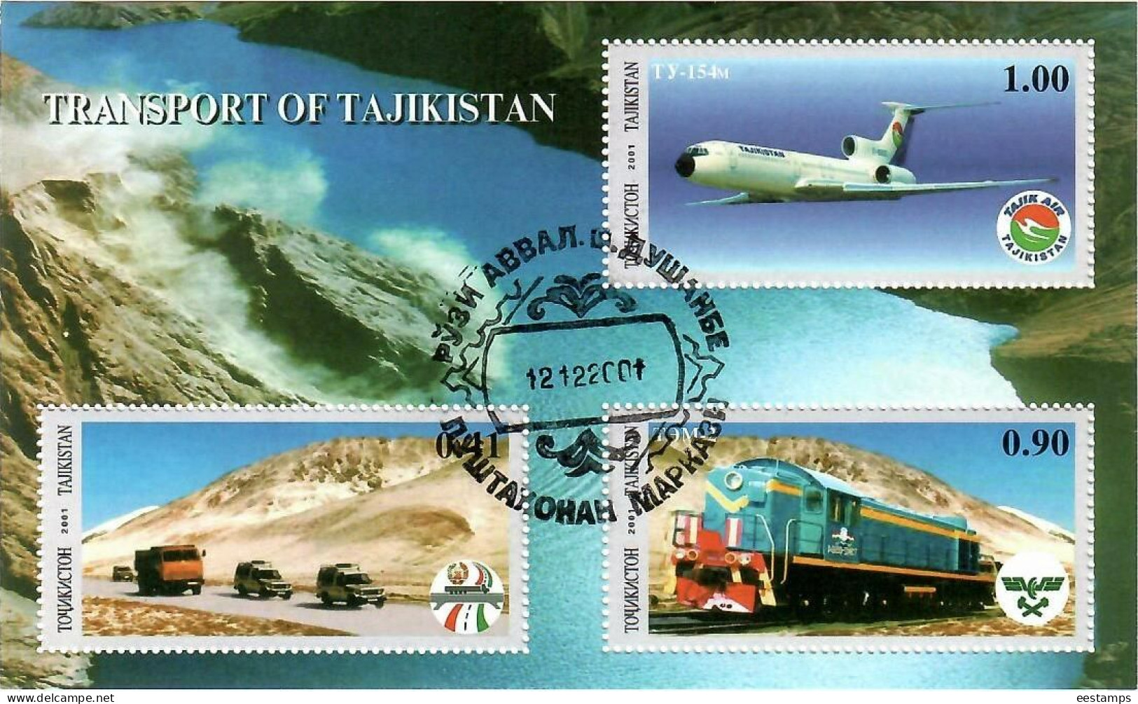 Tajikistan 2001 . Transportation (Auto, Aircraft, Trains, Mountains) .  Michel # BL 26 (oo) - Tajikistan