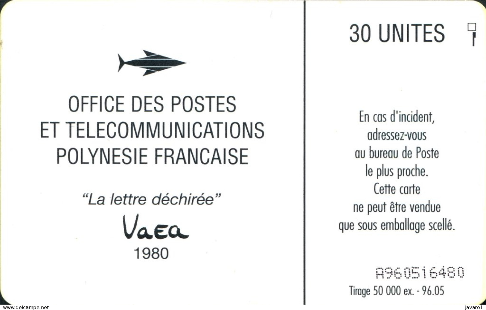 FR. POLYNESIA : FP028AA  30 La Lettre Dechiree, Vaea - 1980 ( Batch: A941238154) USED - Polynésie Française