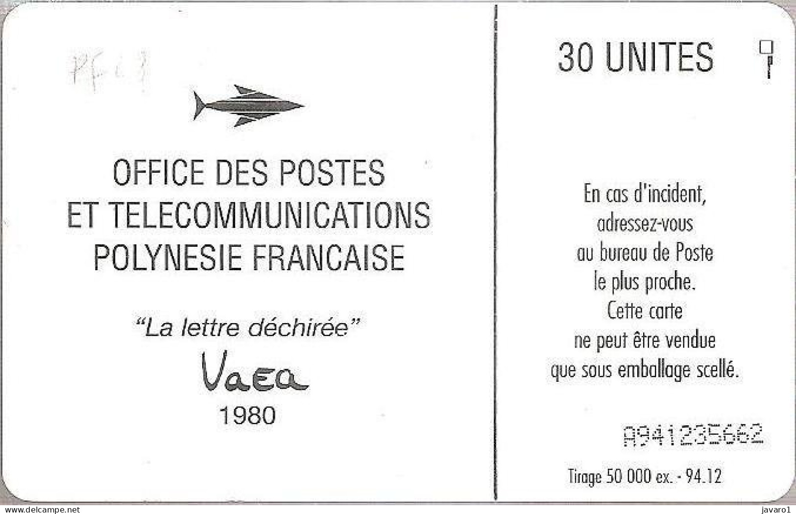 FR. POLYNESIA : FP028.2  30 La Lettre Dechiree, Vaea - 1980 ( Batch: A941228329) USED - Polynésie Française