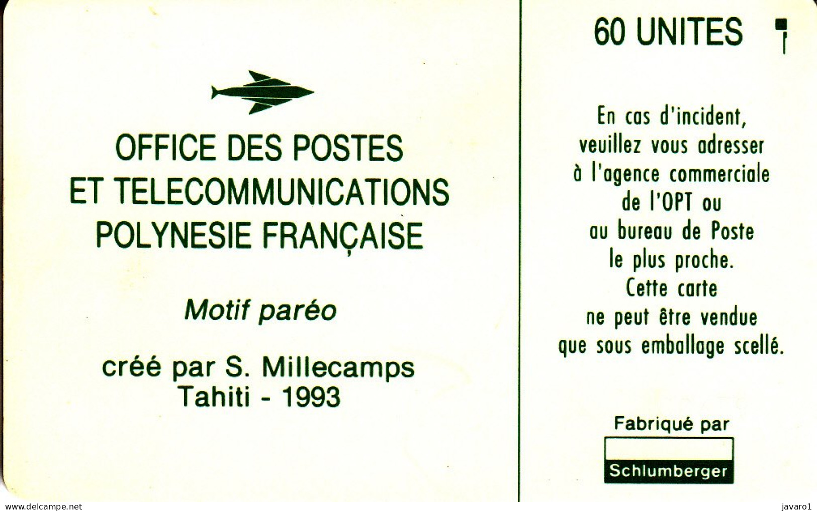 FR. POLYNESIA : FP018  60 Motif Pareo, S. Millecamps 1993 (green) ( Batch: 00480 MATT) USED - Polynésie Française