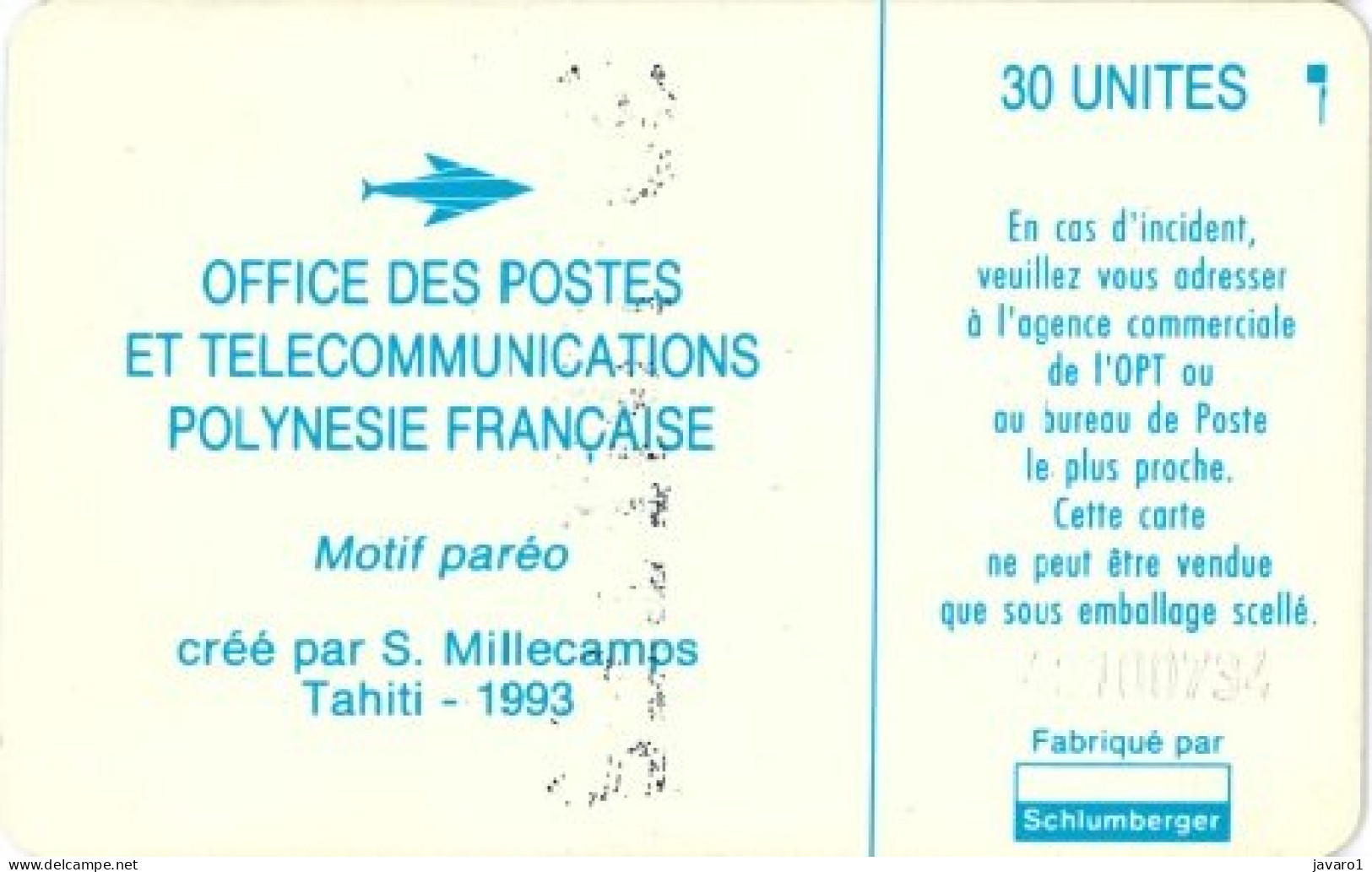 FR. POLYNESIA : FP017B  30 Motif Pareo, S. Millecamps 1993 (blue) ( Batch: C42100730) USED - Polynésie Française