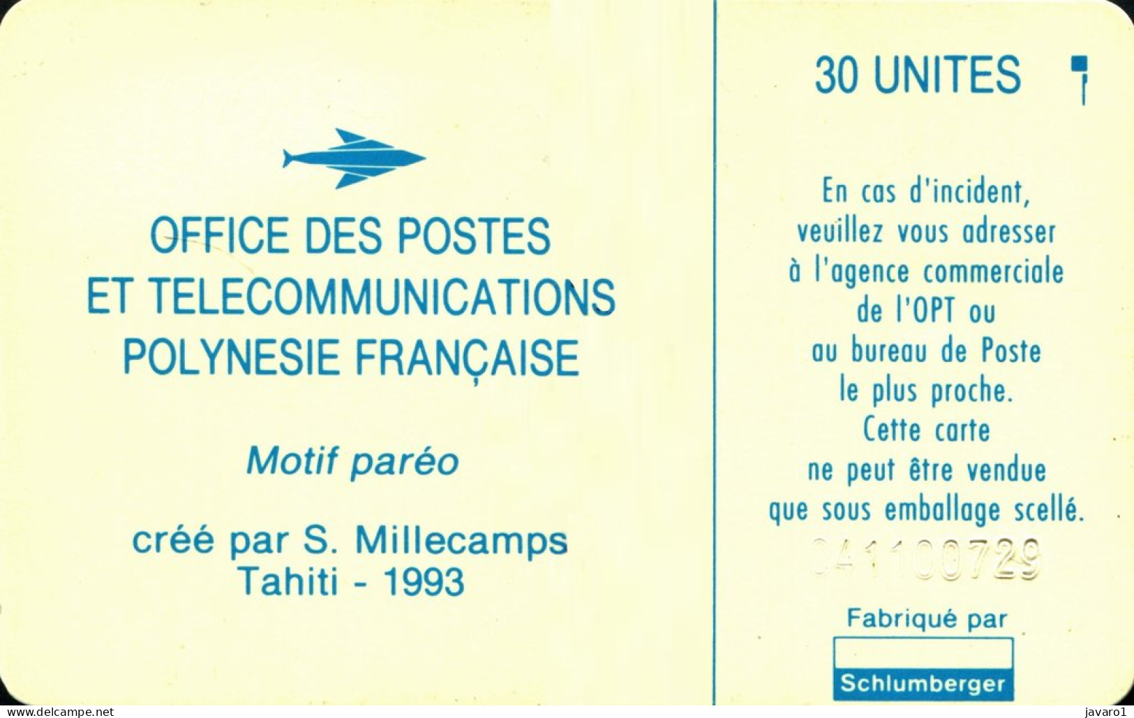 FR. POLYNESIA : FP017A  30 Motif Pareo, S. Millecamps 1993 (blue) ( Batch: C42100736) USED - Polynésie Française