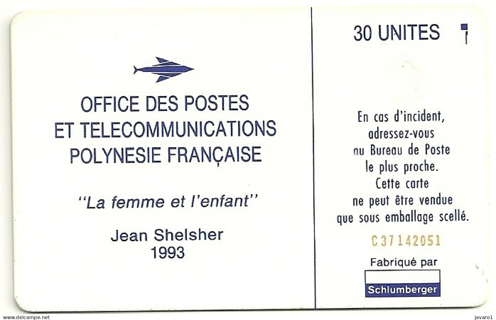FR. POLYNESIA : FP015   0 Le Femme Et L'enfant , Jean Shelsher 1993 ( Batch: C37142051) USED Exp: 1993-02      - Polynésie Française