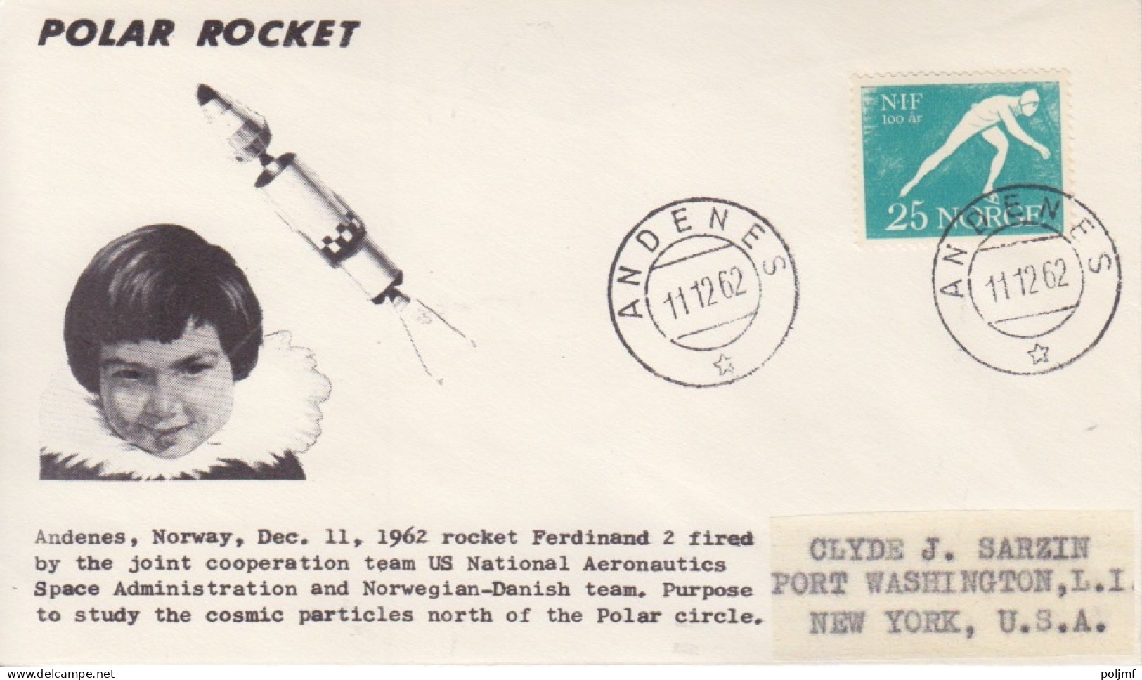 Lettre "Polar Rocket" Obl. Andenes Le 11/12/62 Sur N° 410 (Patinage) Pour New York - Briefe U. Dokumente