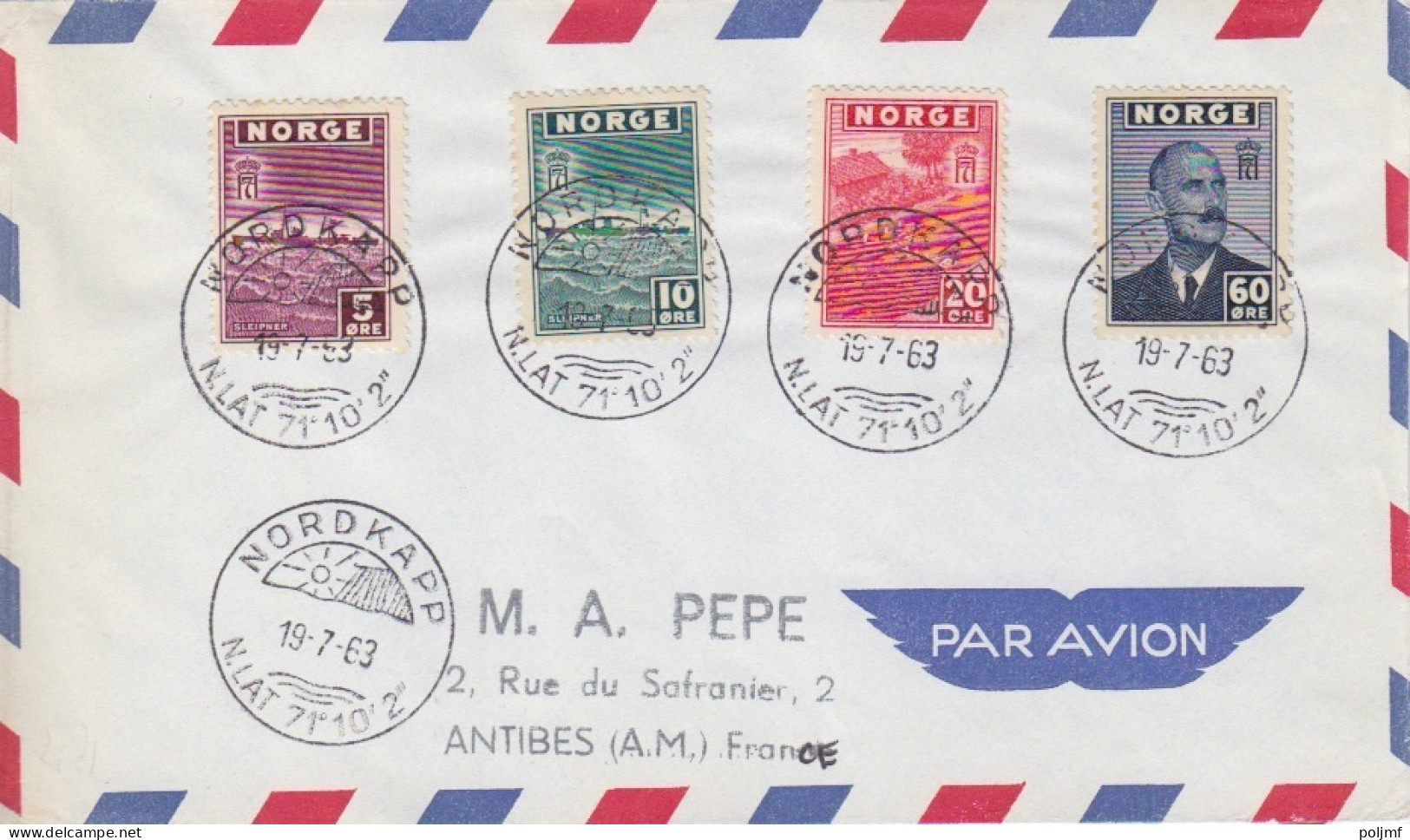 2 Lettres Par Avion Obl. Nordkapp Le 19/7/63 Sur La Série Complète N° 261 à 268 - Briefe U. Dokumente