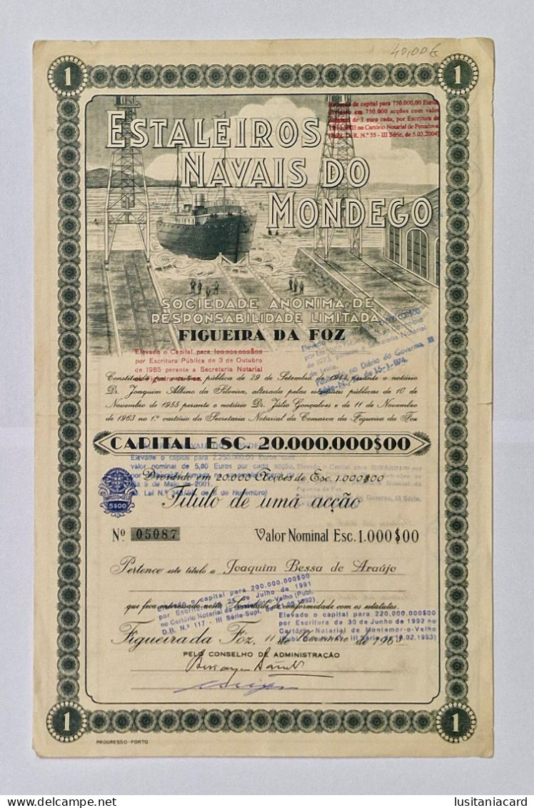 PORTUGAL- FIGUEIRA DA FOZ- Estaleiros Navais Do Mondego -Titulo De Uma Acção 1000$00- Nº 05087- 11NOV1963 - Navy