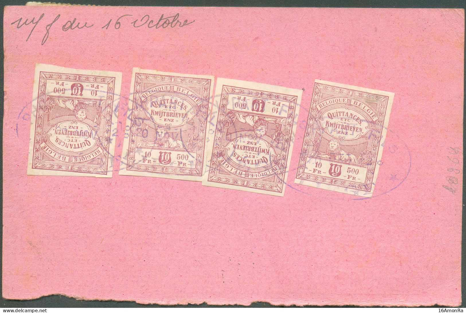 50c. Petit Montenez (x3) Obl. Sc LIEGE 3 Sur Carte-Récépissé Du 17-XI-1922 + Timbres De Quittances à 10francs (x6) - Som - 1921-1925 Small Montenez