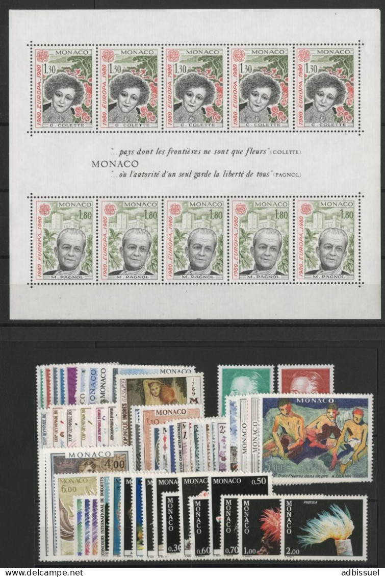 MONACO ANNEE COMPLETE 1980 COTE 137,50 € NEUFS ** MNH N°1209 à 1263 Soit 55 Timbres, Dont BF N° 18. TB - Full Years