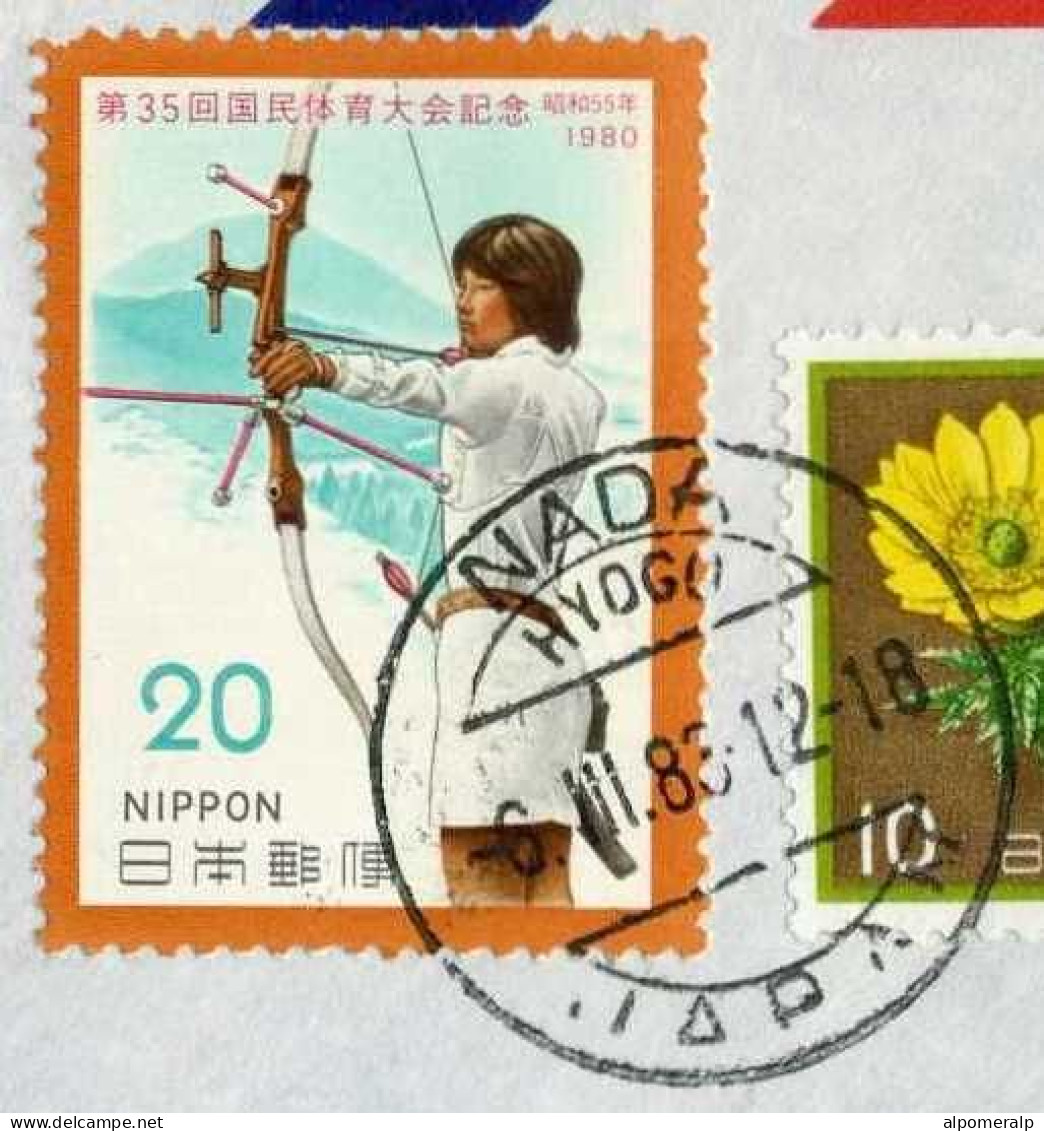 Japan 1980 80 ¥ Archery, Air Mail Cover Used To Canada From Nada | 1981 60 ¥ Japanese Songs, Music - Archery