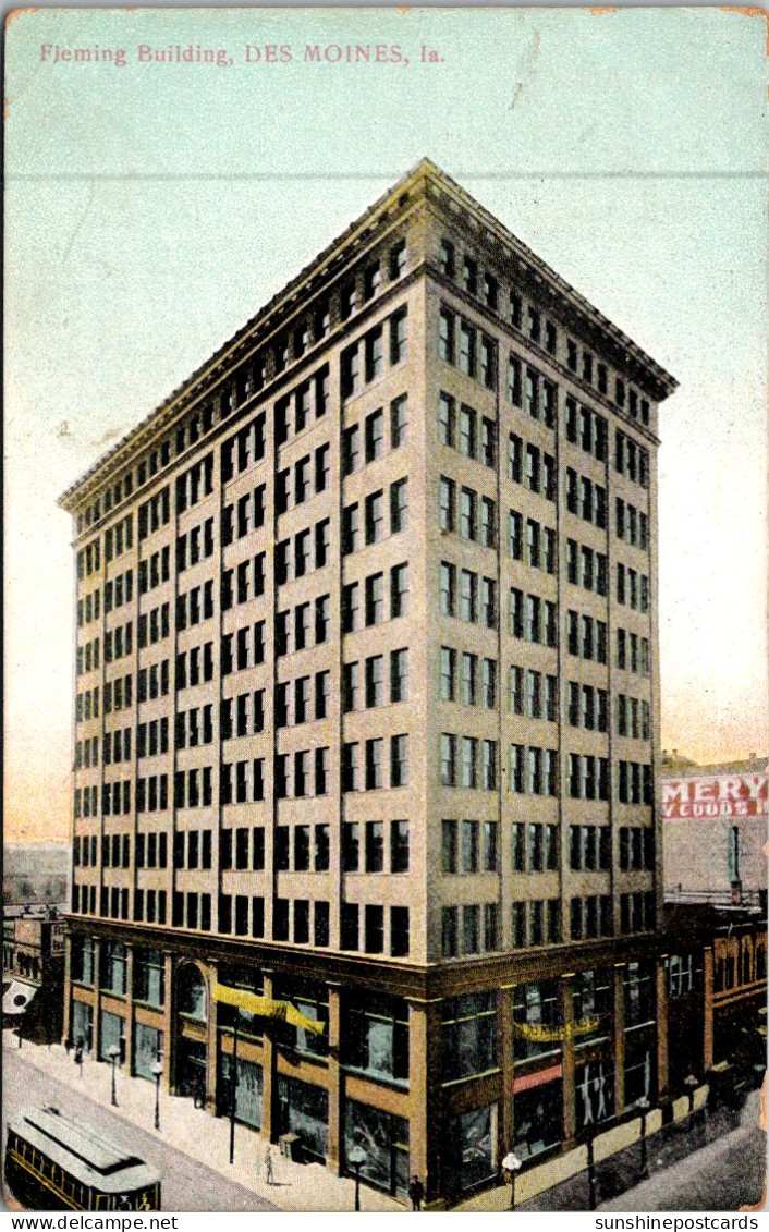 Iowa Des Moines Trolley At The Fleming Building 1909 - Des Moines