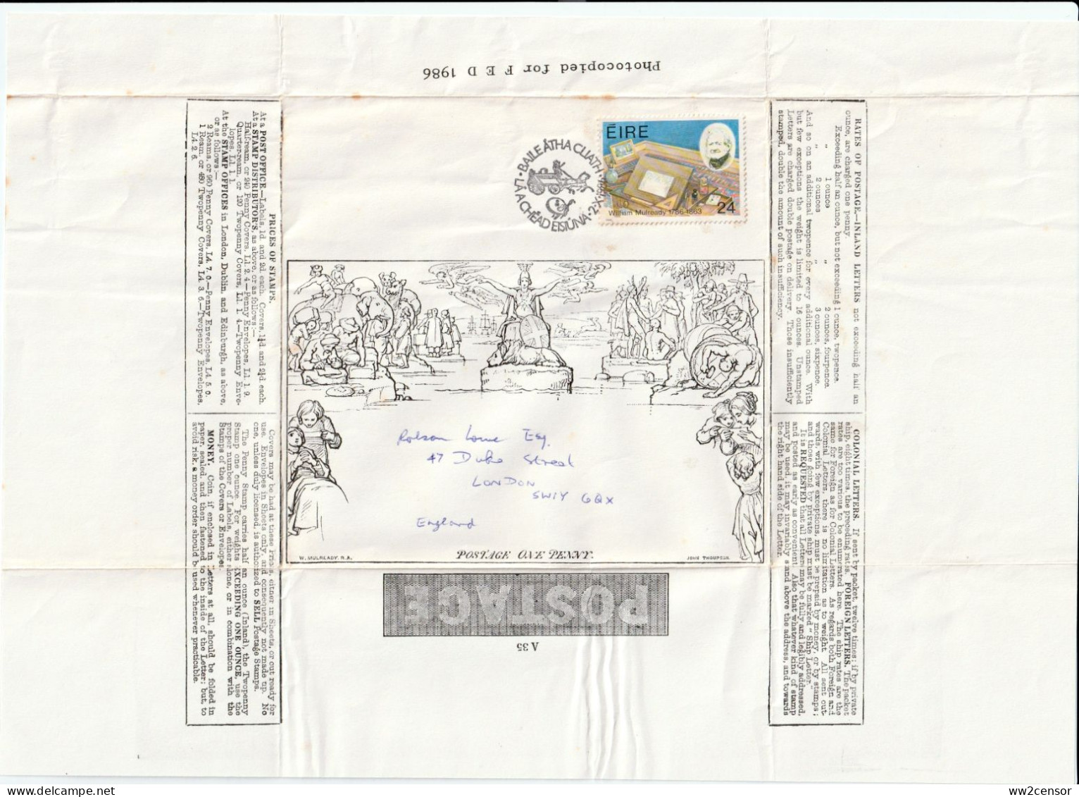 Ireland-Irlande-Irland: Fascimile Mulready Lettersheet W/Mulready 1986 Stamp - Lettres & Documents