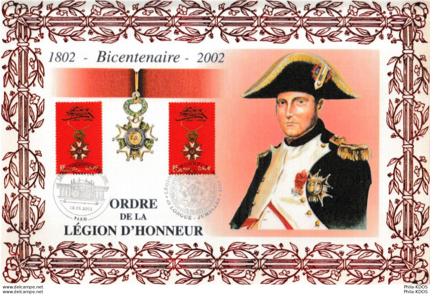 Rare (224/800) " NAPOLEON / LEGION D'HONNEUR " / Encart 1er Jour N°té Sur Soie Edit° A.M.I.S. 2002 N°YT 3490 Parf état - Napoléon
