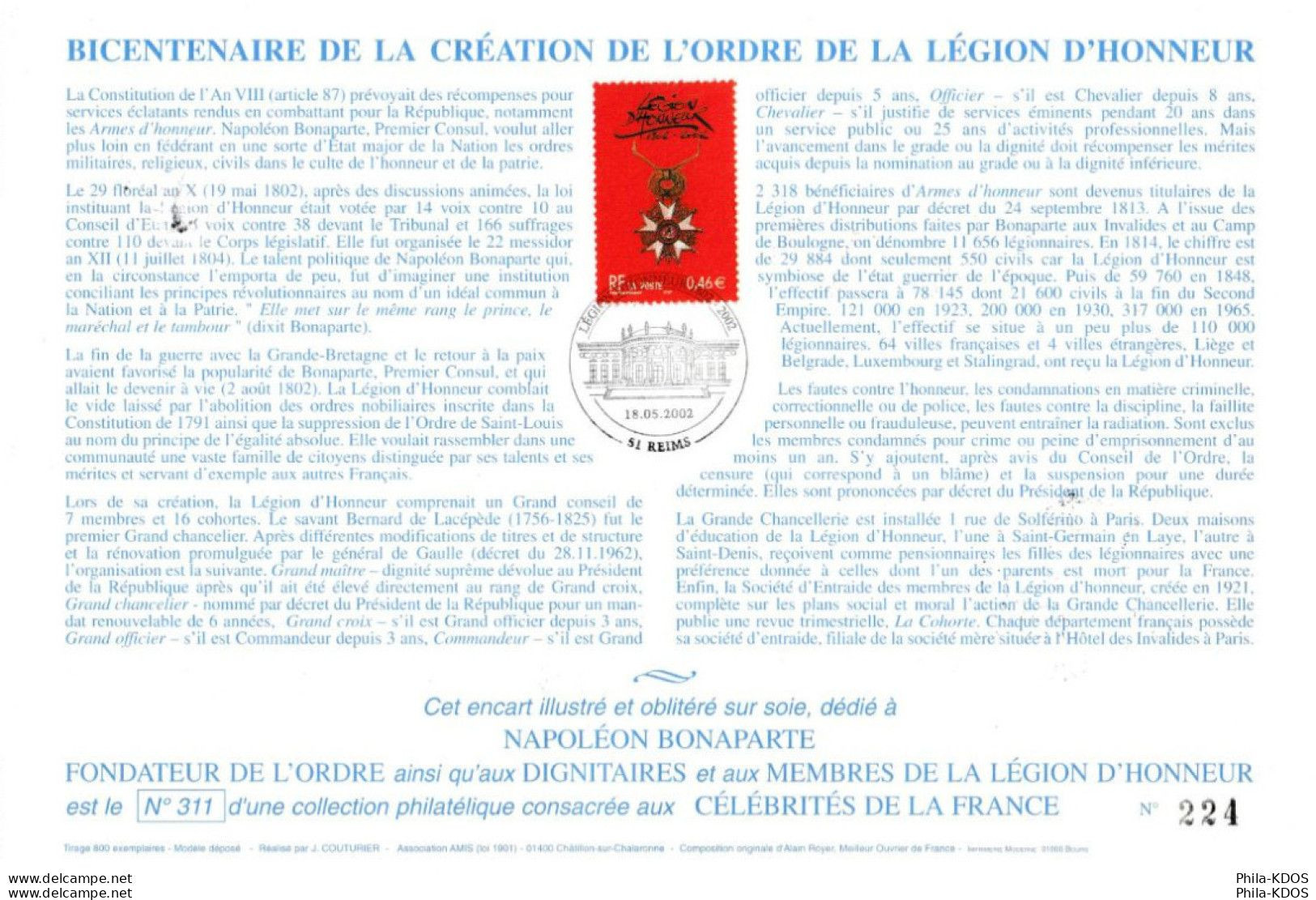 Rare (224/800) " NAPOLEON / LEGION D'HONNEUR " / Encart 1er Jour N°té Sur Soie Edit° A.M.I.S. 2002 N°YT 3490 Parf état - Napoleone