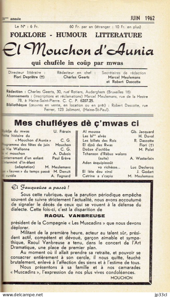 El Mouchon d'Aunia année 1962 M. Meulemans U. Fiérain R. Dascotte H. Duval L. Declercq J. Godart A. Wasterlain M. Denuit